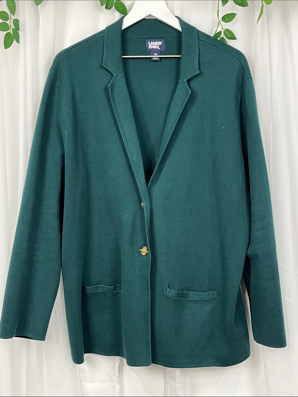 Lands’ End Blazer 2X (16-18) Spruce Green Pockets Notch Collar Cotton EUC